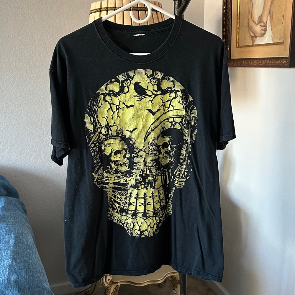 Black Skull Graphic Tee with Yellow Print - Men's Shirt